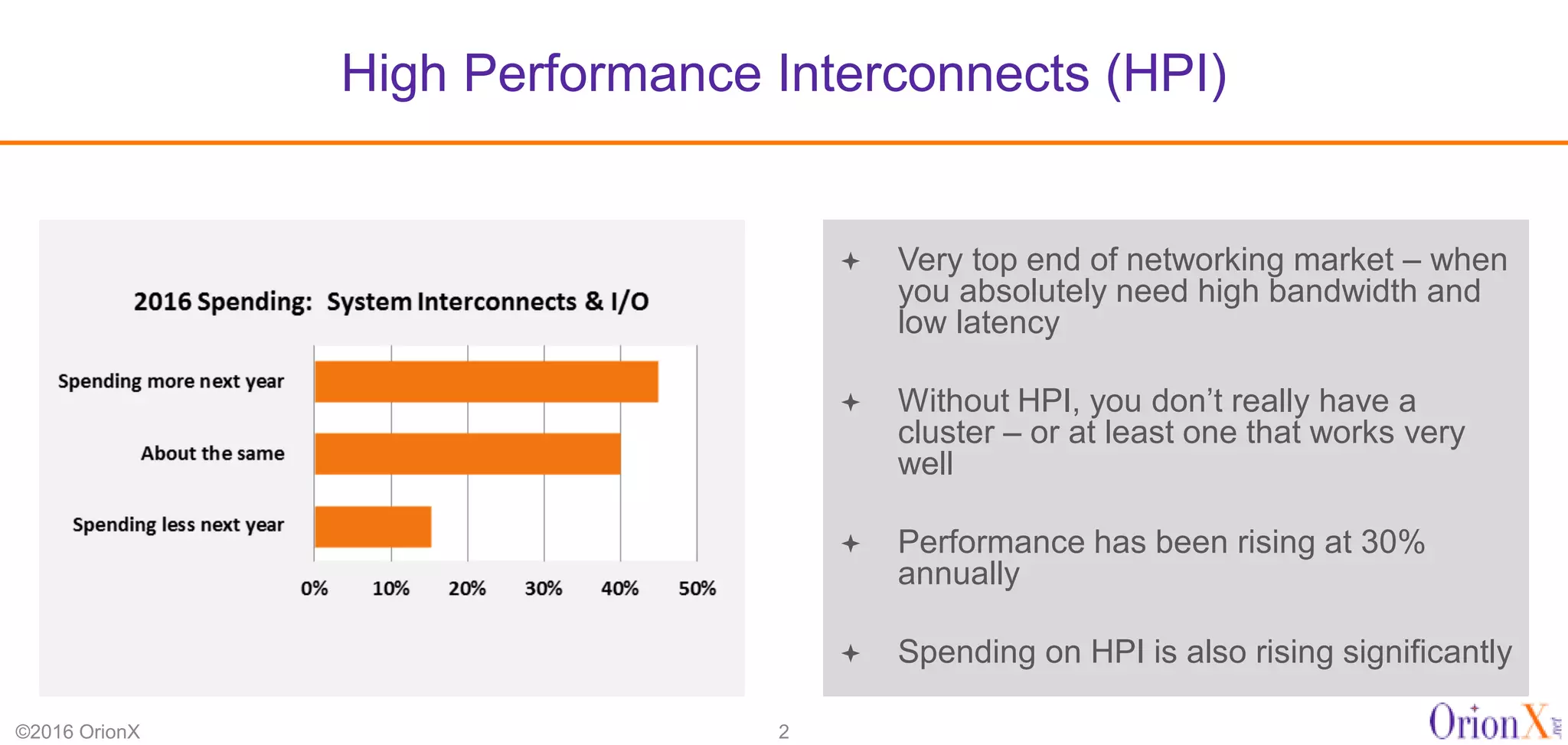  Very top end of networking market – when
you absolutely need high bandwidth and
low latency
 Without HPI, you don’t really have a
cluster – or at least one that works very
well
 Performance has been rising at 30%
annually
 Spending on HPI is also rising significantly
High Performance Interconnects (HPI)
©2016 OrionX 2
 