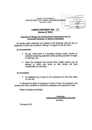Wage Payment Guidelines During Inclement Weather and Natural Calamities