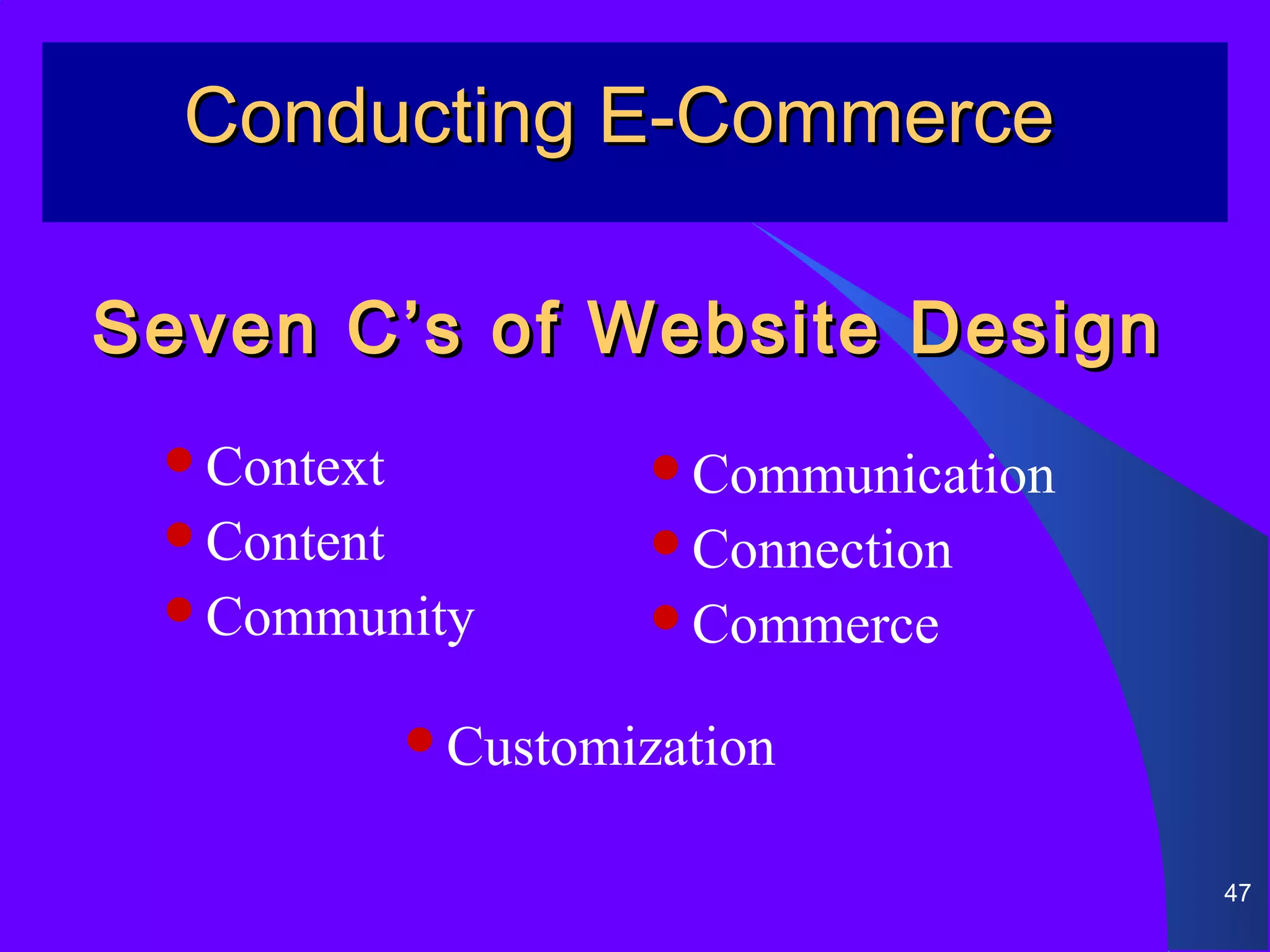 Conducting E-Commerce

Seven C’s of Website Design
 Context            Communication
 Content            Connection
 Community          Commerce

            Customization


                                      47
 