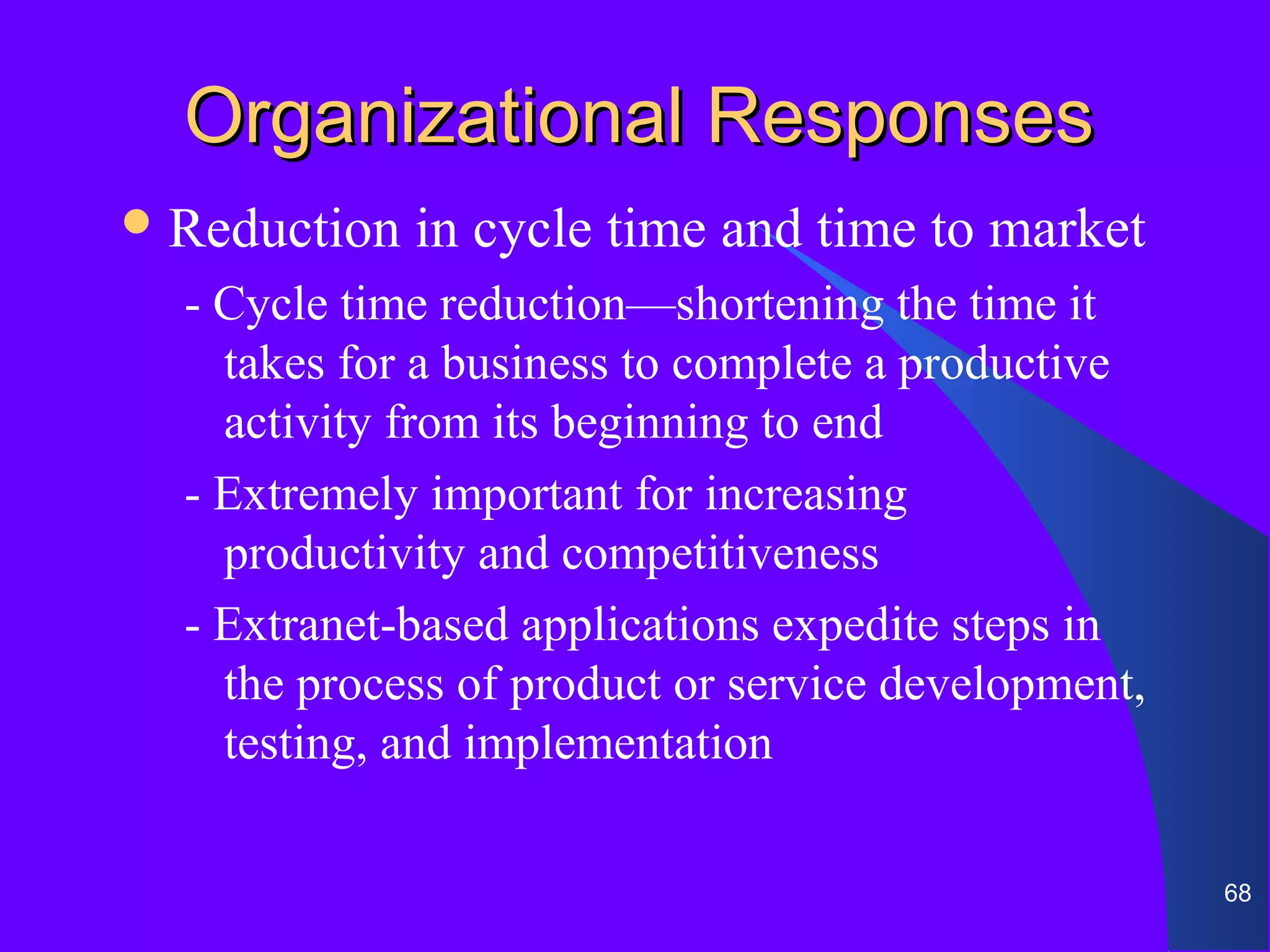 Organizational Responses
 Reduction   in cycle time and time to market
  - Cycle time reduction—shortening the time it
    takes for a business to complete a productive
    activity from its beginning to end
  - Extremely important for increasing
    productivity and competitiveness
  - Extranet-based applications expedite steps in
    the process of product or service development,
    testing, and implementation

                                                     68
 