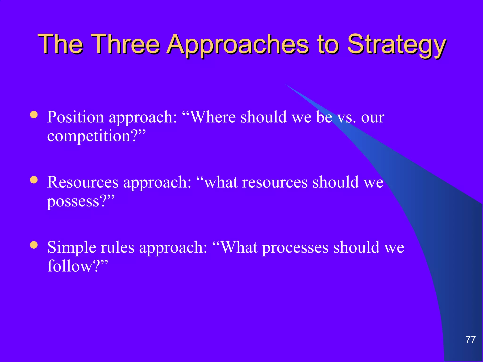 The Three Approaches to Strategy

   Position approach: “Where should we be vs. our
    competition?”

   Resources approach: “what resources should we
    possess?”

   Simple rules approach: “What processes should we
    follow?”



                                                       77
 