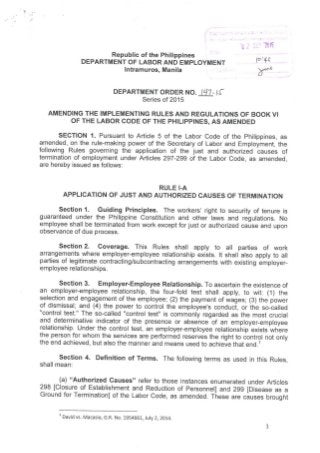 Rule I-A. Application of Just and Authorized Causes of Termination (DOLE Department Order No. 147-15).