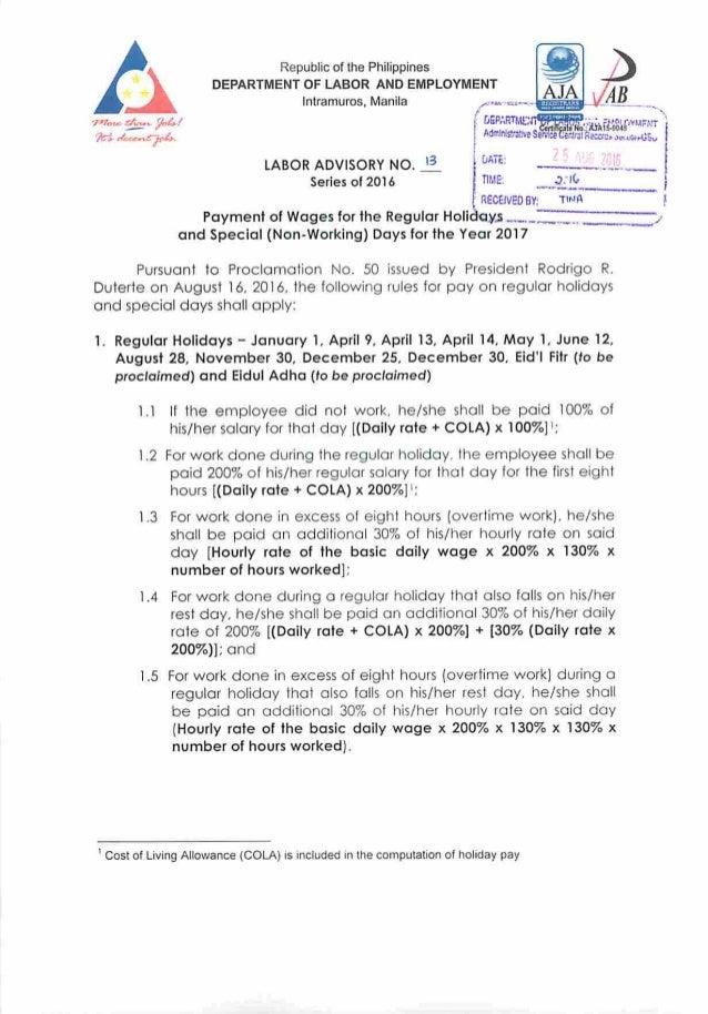 DOLE Labor Advisory for Payment of Wages for 2017 Holidays.