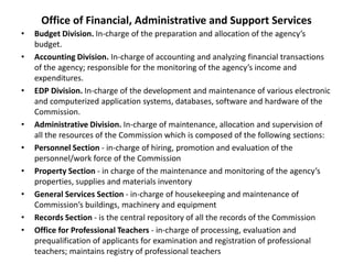 Office of Financial, Administrative and Support Services
•   Budget Division. In-charge of the preparation and allocation of the agency’s
    budget.
•   Accounting Division. In-charge of accounting and analyzing financial transactions
    of the agency; responsible for the monitoring of the agency’s income and
    expenditures.
•   EDP Division. In-charge of the development and maintenance of various electronic
    and computerized application systems, databases, software and hardware of the
    Commission.
•   Administrative Division. In-charge of maintenance, allocation and supervision of
    all the resources of the Commission which is composed of the following sections:
•   Personnel Section - in-charge of hiring, promotion and evaluation of the
    personnel/work force of the Commission
•   Property Section - in charge of the maintenance and monitoring of the agency’s
    properties, supplies and materials inventory
•   General Services Section - in-charge of housekeeping and maintenance of
    Commission’s buildings, machinery and equipment
•   Records Section - is the central repository of all the records of the Commission
•   Office for Professional Teachers - in-charge of processing, evaluation and
    prequalification of applicants for examination and registration of professional
    teachers; maintains registry of professional teachers
 