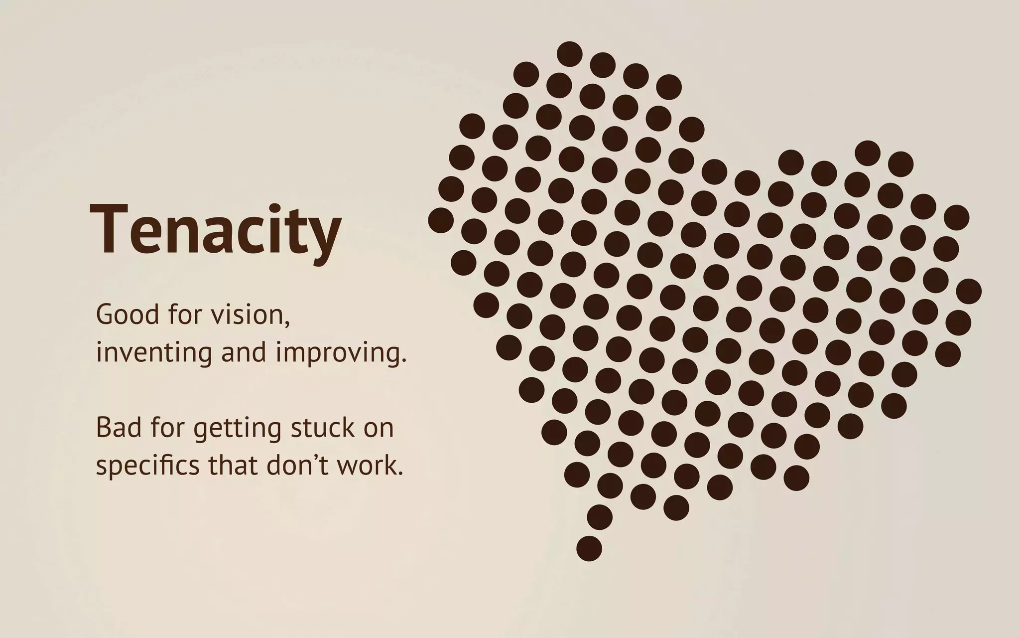 Tenacity
Good for vision,
inventing and improving.

Bad for getting stuck on
speciﬁcs that don’t work.
 