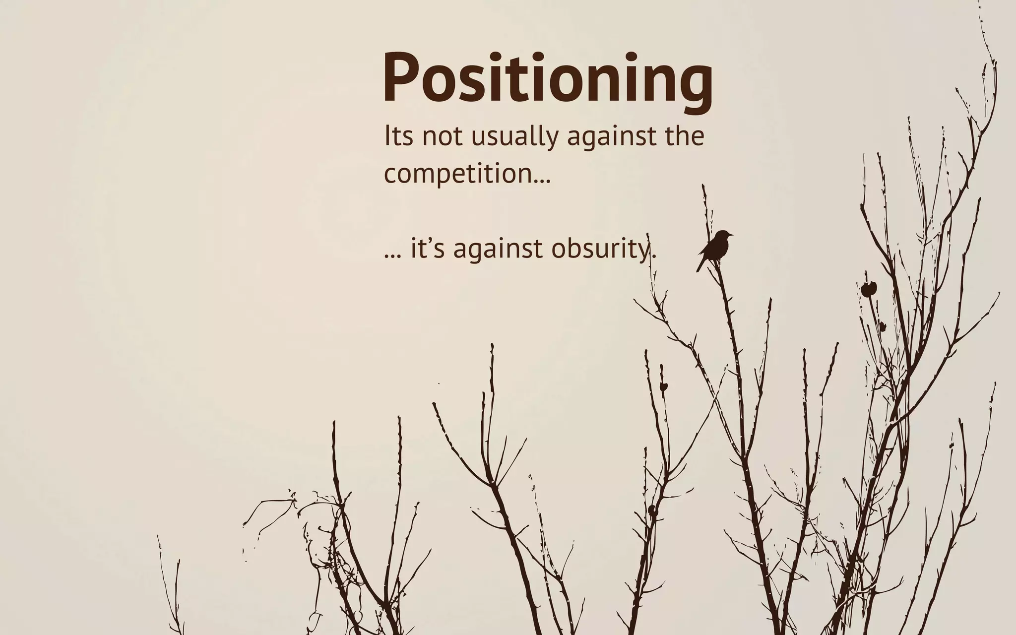 Positioning
Its not usually against the
competition...

... it’s against obsurity.
 