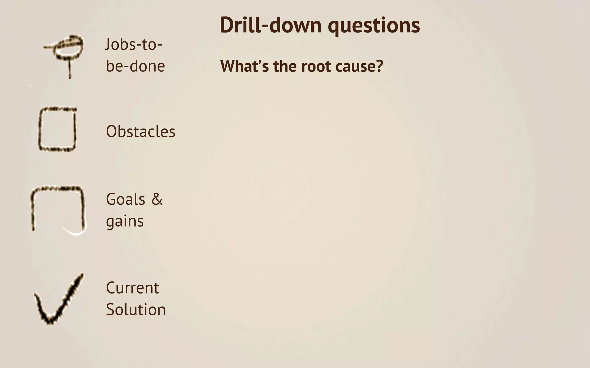 Drill-down questions
Jobs-to-
be-done     What’s the root cause?


Obstacles



Goals &
gains


Current
Solution
 
