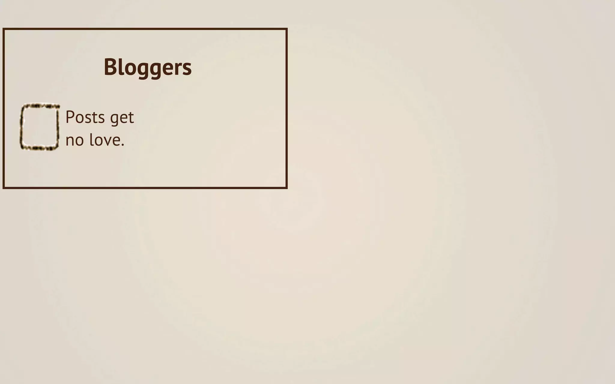 Bloggers

Posts get
no love.
 