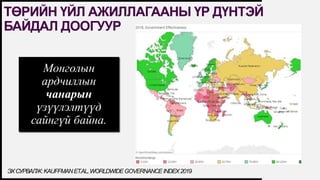 FIRSTUP
CONSULTANTSЭХСУРВАЛЖ:KAUFFMANET.AL,WORLDWIDEGOVERNANCEINDEX2019
ТӨРИЙН ҮЙЛ АЖИЛЛАГААНЫ ҮР ДҮНТЭЙ
БАЙДАЛ ДООГУУР
Монголын
ардчиллын
чанарын
үзүүлэлтүүд
сайнгүй байна.
 