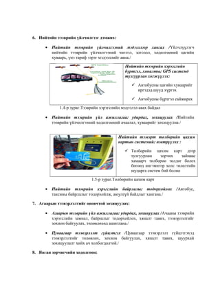 6. Нийтийн тээврийн үйлчилгээг дэмжих:
•

Нийтийн тээврийн үйлчилгээний мэдээллээр хангах /Үйлчлүүлэгч
нийтийн тээврийн үйлчилгээний чиглэл, зогсоол, хөдөлгөөний цагийн
хуваарь, үнэ тариф зэрэг мэдээллийг авна./
Нийтийн тээврийн хэрэгслийн
бүртгэл, хяналтыг GPS системд
тулгуурлан хөгжүүлэх:
 Автобусны цагийн хуваарийг
иргэдэд шууд хүргэх
 Автобусны бүртгэл сайжирах
1.4-р зураг.Тээврийн хэрэгслийн мэдээлэл авах байдал

•

Нийтийн тээврийн үйл ажиллагааг удирдах, зохицуулах /Нийтийн
тээврийн үйлчилгээний хөдөлгөөний ачаалал, хуваарийг зохицуулна./
Нийтийн тээвэрт төлбөрийн цахим
картын системийг нэвтрүүлэх :
 Төлбөрийн цахим карт дээр
тулгуурлан
зорчих
зайнаас
хамаарч төлбөрөө төлдөг болох
бөгөөд ингэмнээр хөлс төлөлтийн
шударга систем бий болно
1.5-р зураг.Төлбөрийн цахим карт

•

Нийтийн тээврийн хэрэгслийн байрлалыг тодорхойлох /Автобус,
таксины байрлалыг тодорхойлж, аюулгүй байдлыг хангана./

7. Агаарын тээвэрлэлтийг оновчтой зохицуулах:
•

Агаарын тээврийн үйл ажиллагааг удирдах, зохицуулах /Ачааны тээврийн
хэрэгслийн замнал, байршлыг тодорхойлох, хяналт тавих, тээвэрлэлтийг
зохион байгуулах, төлөвлөхөд ашиглана./

•

Цуваагаар тээвэрлэлт гүйцэтгэх /Цуваагаар тээвэрлэлт гүйцэтгэхэд
тээвэрлэлтийг төлөвлөх, зохион байгуулах, хяналт тавих, шуурхай
зохицуулалт хийх ач холбогдолтой./

8. Явган зорчигчийн хөдөлгөөн:

 