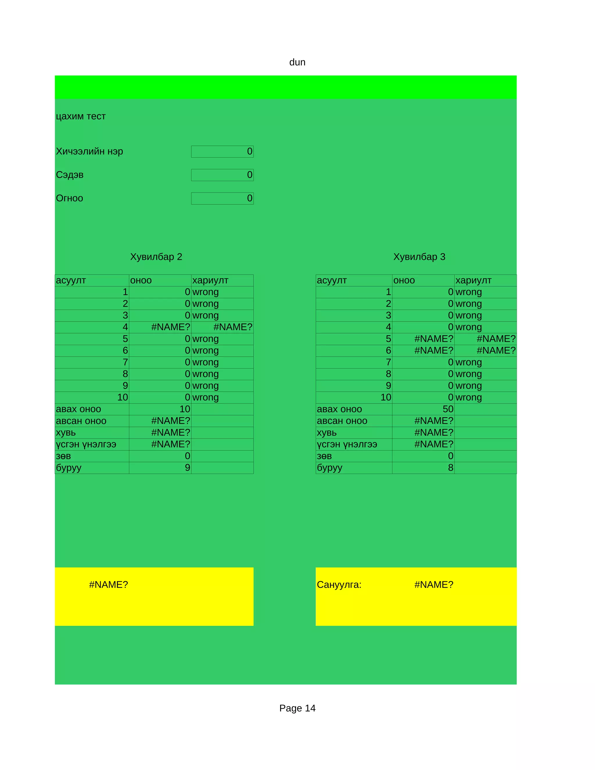 dun




цахим тест


Хичээлийн нэр                            0

Сэдэв                                    0

Огноо                                    0




                     Хувилбар 2                                             Хувилбар 3

асуулт               оноо       хариулт                асуулт               оноо       хариулт
                 1            0 wrong                                   1            0 wrong
                 2            0 wrong                                   2            0 wrong
                 3            0 wrong                                   3            0 wrong
                 4       #NAME?     #NAME?                              4            0 wrong
                 5            0 wrong                                   5       #NAME?     #NAME?
                 6            0 wrong                                   6       #NAME?     #NAME?
                 7            0 wrong                                   7            0 wrong
                 8            0 wrong                                   8            0 wrong
                 9            0 wrong                                   9            0 wrong
                10            0 wrong                                  10            0 wrong
авах оноо                    10                        авах оноо                    50
авсан оноо               #NAME?                        авсан оноо               #NAME?
хувь                     #NAME?                        хувь                     #NAME?
үсгэн үнэлгээ            #NAME?                        үсгэн үнэлгээ            #NAME?
зө в                          0                        зө в                          0
буруу                         9                        буруу                         8




         #NAME?                                        Сануулга:                #NAME?




                                             Page 14
 