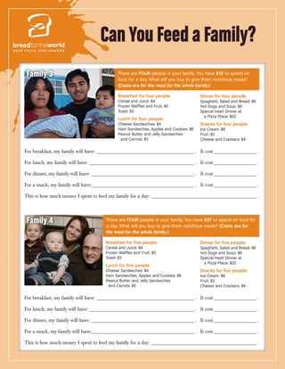 Can You Feed a Family?
                                                A family without any food might be able to get some help through a
                                                federal program called SNAP*. The average amount of money that a family
                                                of three receives through SNAP is $13 per day. This helps them buy food,
                                                but it is still hard to buy healthy food. Families have to do math and make
                                                choices to figure out what they can buy.


     Family 3                                      There are FOUR people in your family. You have $18 to spend on
                                                   food for a day. What will you buy to give them nutritious meals?
                                                   (Costs are for the meal for the whole family.)

                                                   Breakfast for four people:               Dinner for four people:
                                                   cereal and juice: $4                     spaghetti, salad and bread: $9
                                                   frozen waffles and fruit: $5             hot dogs and soup: $6
                                                   toast: $3                                special treat! dinner at
                                                                                              a pizza place: $22
                                                   Lunch for four people:
                                                   cheese sandwiches: $4                    Snacks for four people:
                                                   ham sandwiches, apples and cookies: $6   ice cream: $6
                                                   peanut butter and jelly sandwiches       fruit: $3
                                                    and carrots: $3                         cheese and crackers: $4

    For breakfast, my family will have: ________________________________________ .	 It cost__________________ .	

    For lunch, my family will have:___________________________________________ .	 It cost__________________ .

    For dinner, my family will have:__________________________________________ .	 It cost__________________ .

    For a snack, my family will have:__________________________________________ .	 It cost__________________ .

    This is how much money I spent to feed my family for a day:___________________________________________ .


     Family 4                                There are FOUR people in your family, but you do not receive SNAP.
                                             Today you only have $10 to spend on food. What will you buy to give
                                             them nutritious meals? (Costs are for the meal for the whole family.)

                                            Breakfast for five people:                      Dinner for five people:
                                            cereal and juice: $4                            spaghetti, salad and bread: $9
                                            frozen waffles and fruit: $5                    hot dogs and soup: $6
                                            toast: $3                                       special treat! dinner at
                                                                                              a pizza place: $22
                                            Lunch for five people:
                                            cheese sandwiches: $4                           Snacks for five people:
                                            ham sandwiches, apples and cookies: $6          ice cream: $6
                                            peanut butter and jelly sandwiches              fruit: $3
                                             and carrots: $5                                cheese and crackers: $4

    For breakfast, my family will have: ________________________________________ .	 It cost__________________ .	

    For lunch, my family will have:___________________________________________ .	 It cost__________________ .

    For dinner, my family will have:__________________________________________ .	 It cost__________________ .

    For a snack, my family will have:__________________________________________ .	 It cost__________________ .

    This is how much money I spent to feed my family for a day:___________________________________________ .
                                    *SNAP = Supplemental Nutrition Assistance Program
425 3rd Street SW, Suite 1200, Washington, DC 20024 • 202.639.9400 • Toll Free 800.822.7323 • Fax 202.639.9401 • www.bread.org
 
