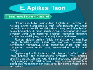 E. Aplikasi Teori 
1. Bagaimana Neurosis Dipelajari 
Dollard dan Miller memandang tingkah laku normal dan 
neurotik dalam ruang lingkup yang tidak terpisah. Inti setiap 
neurosis adalah konflik ketidaksadaran yang kuat dan hampir 
selalu bersumber di masa kanak-kanak. Kecemasan dan rasa 
bersalah yang kuat mengenai ekspresi kebutuhan dasarnya 
membentuk konflik yang terus berlanjut sampai dewasa. 
Represi dalam bentuk “tidak memikirkannya” membuat 
orang terbebas dari keharusan memakai kemampuan 
pemecahan masalahnya untuk mengatasi konflik dan tidak 
menyadari bahwa kondisi yang menimbulkan konflik telah 
hilang. 
Sepanjang konflik itu tetap tidak disadari, konflik itu akan 
terus berlanjut dan mengahsilkan simptoms, yaitu sensasi 
spesifik atau tingkah laku yang dialami seseorang sebagai tidak 
menyenangkan dan tidak normal. Simptoms sering membuat 
orang bisa menghindar dari rasa takut dan cemas meski hanya 
sementara. 
 