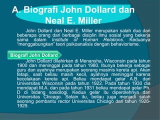 A. Biografi John Dollard dan 
Neal E. Miller 
John Dollard dan Neal E. Miller merupakan salah dua dari 
beberapa orang dari berbagai disiplin ilmu sosial yang bekerja 
sama dalam Institute of Human Relations. Keduanya 
“menggabungkan” teori psikoanalisis dengan behaviorisme. 
Biografi John Dollard 
John Dollard dilahirkan di Menansha, Wisconsin pada tahun 
1900 dan meninggal pada tahun 1980. Ibunya bekerja sebagai 
guru dan ayahnya merupakan seorang masinis kereta api. Akan 
tetapi, saat beliau masih kecil, ayahnya meninggal karena 
kecelakaan kereta api. Beliau mendapat gelar A.B. dari 
Universitas Wisconsin pada tahun 1922. Pada tahun 1930 dia 
mendapat M.A. dan pada tahun 1931 beliau mendapat gelar Ph. 
D di bidang sosiologi. Kedua gelar itu diperolehnya dari 
Universitas Chicago. Selain itu, beliau juga menjadi salah 
seorang pembantu rector Universitas Chicago dari tahun 1926- 
1929. 
 