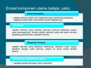 Empat komponen utama belajar, yaitu: 
• adalah stimulus (dalam diri organisme yang mendorong terjadinya 
kegiatan) tetapi tidak menentukan bentuk kegiatannya 
•adalah stimulus yang memberi petunjuk perlunya dilakukan respon 
yang sesungguhnya. Isyarat adalah petunjuk yang ada pada stimulus 
sepanjang pemahaman subyektif individu. 
•adalah aktivitas yang dilakukan seseorang. Sebelum suatu respon 
dikaitkan dengan suatu stimulus, respon itu harus terjadi terlebih 
dahulu. 
• sebagai pereda dorongan (drive reduction). 
 