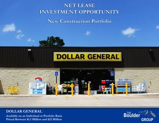 DOLLAR GENERAL
Available on an Individual or Portfolio Basis
Priced Between $1.1 Million and $23 Million
NET LEASE
INVESTMENT OPPORTUNITY
New Construction Portfolio
 