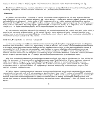 increases in the annual number of shopping trips that our customers make to our stores as well as the amount spent during each trip.

    To attract new and retain existing customers, we continue to focus on product quality and selection, in-stock levels and pricing, targeted
advertising, improved store standards, convenient site locations, and a pleasant overall customer experience.

Our Suppliers

     We purchase merchandise from a wide variety of suppliers and maintain direct buying relationships with many producers of national
brand merchandise, such as Procter & Gamble, Kimberly Clark, Unilever, Kellogg's, General Mills, Nabisco, Coca-Cola and PepsiCo. Despite
our broad offering, we maintain only a limited number of SKUs per category, giving us a pricing advantage in dealing with our suppliers.
Approximately 8% and 7% of our purchases in 2011 were from our largest and second largest suppliers, respectively. Our private brands come
from a diversified supplier base. We directly imported approximately 8% of our purchases at cost (12% of our purchases based on their retail
value) in 2011. Our vendor arrangements generally provide for payment for such merchandise in U.S. dollars.

     We have consistently managed to obtain sufficient quantities of core merchandise and believe that, if one or more of our current sources of
supply became unavailable, we would generally be able to obtain alternative sources without experiencing a substantial disruption of our
business. However, such alternative sources could increase our merchandise costs or reduce the quality of our merchandise, and an inability to
obtain alternative sources could adversely affect our sales.

Distribution, Transportation and Inventory Management

      Our stores are currently supported by ten distribution centers located strategically throughout our geographic footprint, including a new
distribution center in Bessemer, Alabama which began shipping to stores on March 11, 2012. We lease additional temporary warehouse space
as necessary to support our distribution needs. In addition, we have leased a distribution facility in Lebec, California which we expect to be
operational in April 2012. Over the past few years we have made significant investments in facilities, technological improvements and
upgrades, and we continue to improve work processes, all of which increase our efficiency and ability to support our merchandising and
operations initiatives as well as our new store growth. We continually analyze and rebalance the network to ensure that it remains efficient and
provides the service our stores require. See "—Properties" for additional information pertaining to our distribution centers.

      Most of our merchandise flows through our distributions centers and is delivered to our stores by third-party trucking firms, utilizing our
trailers. Our agreements with these trucking firms are based on estimated costs of diesel fuel, with the difference in estimated and current
market fuel costs passed through to us. The costs of diesel fuel are significantly influenced by international, political and economic
circumstances, and were considerably higher throughout 2011 than in 2010. If such increased prices remain in effect, or if further price
increases were to arise for any reason, including fuel supply shortages or unusual price volatility, the resulting higher fuel prices could
materially increase our transportation costs.

     We believe that there remains opportunity to improve our inventory turns. Initiatives in process include operational efforts to optimize
presentation levels, improve in-stock levels and decrease excess quantities shipped to our stores. We continue to focus on SKU optimization in
an attempt to ensure that we can meet customers' demands for our most popular products as well as ensure appropriate product assortment. We
are also in the process of implementing an improved supply chain solution to assist in ordering, monitoring and tracking inventory from
purchase order to receipt to maintain efficient levels of inventory. We turned our inventory approximately 5.3 times over the most recent four
quarters.

                                                                         7
 