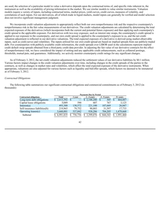 are used, the selection of a particular model to value a derivative depends upon the contractual terms of, and specific risks inherent in, the
instrument as well as the availability of pricing information in the market. We use similar models to value similar instruments. Valuation
models require a variety of inputs, including contractual terms, market prices, yield curves, credit curves, measures of volatility, and
correlations of such inputs. For our derivatives, all of which trade in liquid markets, model inputs can generally be verified and model selection
does not involve significant management judgment.

     We incorporate credit valuation adjustments to appropriately reflect both our own nonperformance risk and the respective counterparty's
nonperformance risk in the fair value measurements of our derivatives. The credit valuation adjustments are calculated by determining the total
expected exposure of the derivatives (which incorporates both the current and potential future exposure) and then applying each counterparty's
credit spread to the applicable exposure. For derivatives with two-way exposure, such as interest rate swaps, the counterparty's credit spread is
applied to our exposure to the counterparty, and our own credit spread is applied to the counterparty's exposure to us, and the net credit
valuation adjustment is reflected in our derivative valuations. The total expected exposure of a derivative is derived using market-observable
inputs, such as yield curves and volatilities. The inputs utilized for our own credit spread are based on implied spreads from our publicly-traded
debt. For counterparties with publicly available credit information, the credit spreads over LIBOR used in the calculations represent implied
credit default swap spreads obtained from a third party credit data provider. In adjusting the fair value of our derivative contracts for the effect
of nonperformance risk, we have considered the impact of netting and any applicable credit enhancements, such as collateral postings,
thresholds, mutual puts, and guarantees. Additionally, we actively monitor counterparty credit ratings for any significant changes.

     As of February 3, 2012, the net credit valuation adjustments reduced the settlement values of our derivative liabilities by $0.1 million.
Various factors impact changes in the credit valuation adjustments over time, including changes in the credit spreads of the parties to the
contracts, as well as changes in market rates and volatilities, which affect the total expected exposure of the derivative instruments. When
appropriate, valuations are also adjusted for various factors such as liquidity and bid/offer spreads, which factors we deemed to be immaterial
as of February 3, 2012.

Contractual Obligations

     The following table summarizes our significant contractual obligations and commercial commitments as of February 3, 2012 (in
thousands):

                                                                            Payments Due by Period
              Contractual obligations                Total         1 year        1 - 3 years       3 - 5 years   5+ years
              Long-term debt obligations        $ 2,613,392 $      — $ 2,148,200 $      305 $ 464,887
              Capital lease obligations               5,089       590         607       767       3,125
              Interest(a)                           493,388   138,572     221,100   107,669      26,047
              Self-insurance liabilities(b)         219,965    79,752      90,883    31,597      17,733
              Operating leases(c)                 3,660,001   537,842     938,286   704,205   1,479,668
                 Subtotal                       $ 6,991,835 $ 756,756 $ 3,399,076 $ 844,543 $ 1,991,460

                                                                            42
 