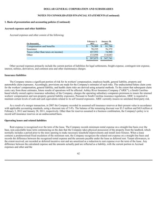 DOLLAR GENERAL CORPORATION AND SUBSIDIARIES

                                    NOTES TO CONSOLIDATED FINANCIAL STATEMENTS (Continued)

1. Basis of presentation and accounting policies (Continued)

Accrued expenses and other liabilities

     Accrued expenses and other consist of the following:

                                                                                  February 3,   January 28,
                        (In thousands)                                               2012          2011
                        Compensation and benefits                                $  76,989 $ 81,786
                        Insurance                                                   78,235    76,372
                        Taxes (other than taxes on income)                         107,953    74,900
                        Other                                                      133,898   114,683
                                                                                 $ 397,075 $ 347,741

     Other accrued expenses primarily include the current portion of liabilities for legal settlements, freight expense, contingent rent expense,
interest, utilities, derivatives, and common area and other maintenance charges.

Insurance liabilities

      The Company retains a significant portion of risk for its workers' compensation, employee health, general liability, property and
automobile claim exposures. Accordingly, provisions are made for the Company's estimates of such risks. The undiscounted future claim costs
for the workers' compensation, general liability, and health claim risks are derived using actuarial methods. To the extent that subsequent claim
costs vary from those estimates, future results of operations will be affected. Ashley River Insurance Company ("ARIC"), a South Carolina-
based wholly owned captive insurance subsidiary of the Company, charges the operating subsidiary companies premiums to insure the retained
workers' compensation and non-property general liability exposures. Pursuant to South Carolina insurance regulations, ARIC is required to
maintain certain levels of cash and cash equivalents related to its self insured exposures. ARIC currently insures no unrelated third-party risk.

     As a result of a merger transaction, in 2007 the Company recorded its assumed self-insurance reserves at their present value in accordance
with applicable accounting standards, using a discount rate of 5.4%. The balance of the remaining discount was $3.3 million and $4.8 million at
February 3, 2012 and January 28, 2011, respectively. Other than for reserves assumed in a business combination, the Company's policy is to
record self-insurance reserves on an undiscounted basis.

Operating leases and related liabilities

     Rent expense is recognized over the term of the lease. The Company records minimum rental expense on a straight-line basis over the
base, non-cancelable lease term commencing on the date that the Company takes physical possession of the property from the landlord, which
normally includes a period prior to the store opening to make necessary leasehold improvements and install store fixtures. When a lease
contains a predetermined fixed escalation of the minimum rent, the Company recognizes the related rent expense on a straight-line basis and
records the difference between the recognized rental expense and the amounts payable under the lease as deferred rent. Tenant allowances, to
the extent received, are recorded as deferred incentive rent and are amortized as a reduction to rent expense over the term of the lease. Any
difference between the calculated expense and the amounts actually paid are reflected as a liability, with the current portion in Accrued
expenses and other and the

                                                                        62
 