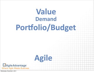 Value
                              Demand
                         PorEolio/Budget


                              Agile
Wednesday, November 2, 2011
 
