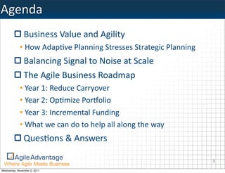 Agenda
               Business	
  Value	
  and	
  Agility
             • How	
  AdapKve	
  Planning	
  Stresses	
  Strategic	
  Planning
               Balancing	
  Signal	
  to	
  Noise	
  at	
  Scale
               The	
  Agile	
  Business	
  Roadmap
             • Year	
  1:	
  Reduce	
  Carryover
             • Year	
  2:	
  OpKmize	
  Por_olio
             • Year	
  3:	
  Incremental	
  Funding
             • What	
  we	
  can	
  do	
  to	
  help	
  all	
  along	
  the	
  way
               Ques:ons	
  &	
  Answers

                                                                                     3
Wednesday, November 2, 2011
 