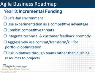 Agile	
  Business	
  Roadmap
     Year 3:	
  Incremental Funding
         Safe-­‐fail	
  environment	
  
         Use	
  experimenta:on	
  as	
  a	
  compe::ve	
  advantage
         Combat	
  compe::ve	
  threats
         Integrate	
  technical	
  &	
  customer	
  feedback	
  promptly
         Aggressively	
  use	
  commit/transform/kill	
  for	
  
       porRolio	
  op:miza:on
         Pull	
  ini:a:ves	
  through	
  teams	
  rather	
  than	
  pushing	
  
       resources	
  to	
  projects

                                                                             30
Wednesday, November 2, 2011
 