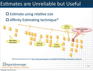 EsKmates	
  are	
  Unreliable	
  but	
  Useful
               Es:mate	
  using	
  rela:ve	
  size
               Aﬃnity	
  Es:ma:ng	
  technique*




                   Aﬃnity	
  EsKmaKng	
  How-­‐To:	
  hWp://www.geYngagile.com/2008/07/04/aﬃnity-­‐esKmaKng-­‐a-­‐how-­‐to/



                                                                                                                              32
Wednesday, November 2, 2011
 