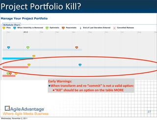 Project	
  Por_olio	
  Kill?




                              Early	
  Warnings:
                              •When	
  transform	
  and	
  re-­‐”commit”	
  is	
  not	
  a	
  valid	
  opOon:
                                •“Kill”	
  should	
  be	
  an	
  opOon	
  on	
  the	
  table	
  MORE



                                                                                                                37
Wednesday, November 2, 2011
 