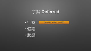 了解 Deferred
• ⾏行為
• 假設
• 狀態
(resolve, reject, notify)
 