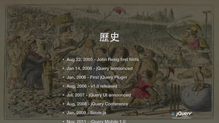 https://jquery.org/history/
• Aug 22, 2005 - John Resig ﬁrst hints
• Jan 14, 2006 - jQuery announced
• Jan, 2006 - First jQuery Plugin
• Aug, 2006 - v1.0 released
• Jul, 2007 - jQuery UI announced
• Aug, 2008 - jQuery Conference
• Jan, 2009 - Sizzle.js
•
歷史
 