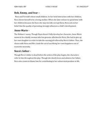IQRA AQEEL-007 A DOLL’S HOUSE B.S.ENGLISG 8TH
Bob, Emmy, and Ivar –
Nora and Torvald’s three small children. In her brief interaction with her children,
Nora shows herself to be a loving mother. When she later refuses to spend time with
her children because she fears she may morally corrupt them, Nora acts on her
belief that the quality of parenting strongly influences a child’s development.
Anne-Marie -
The Helmers’ nanny. Though Ibsen doesn’t fully develop her character, Anne-Marie
seems to be a kindly woman who has genuine affection for Nora. She had to give up
her own daughter in order to take the nursing job offered by Nora’s father. Thus, she
shares with Nora and Mrs. Linde the act of sacrificing her own happiness out of
economic necessity.
Nora’s father -
Though Nora’s father is dead before the action of the play begins, the characters
refer to him throughout the play. Though she clearly loves and admires her father,
Nora also comes to blame him for contributing to her subservient position in life.
 