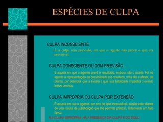 ESPÉCIES DE CULPA	CULPA INCONSCIENTE	É a culpa sem previsão, em que o agente não prevê o que era previsível.CULPA CONSCIENTE OU COM PREVISÃOÉ aquela em que o agente prevê o resultado, embora não o aceite. Há no agente a representação da possibilidade do resultado, mas ele a afasta, de pronto, por entender que a evitará e que sua habilidade impedirá o evento lesivo previsto.CULPA IMPRÓPRIA OU CULPA POR EXTENSÃOÉ aquela em que o agente, por erro de tipo inescusável, supõe estar diante de uma causa de justificação que lhe permita praticar, licitamente um fato típico.NA CULPA IMPRÓPRIA HÁ A PRESENÇA DA CULPA E DO DOLO