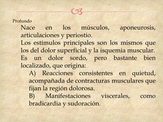 
Profundo
   Nace      en     los   músculos,       aponeurosis,
   articulaciones y periostio.
   Los estímulos principales son los mismos que
   los del dolor superficial y la isquemia muscular.
   Es un dolor sordo, pero bastante bien
   localizado, que origina:
      A) Reacciones consistentes en quietud,
      acompañada de contracturas musculares que
      fijan la región dolorosa.
      B)     Manifestaciones       viscerales,  como
      bradicardia y sudoración.
 