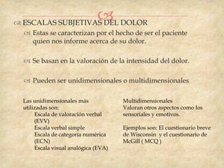  DOLOR
 ESCALAS SUBJETIVAS DEL
  Estas se caracterizan por el hecho de ser el paciente
   quien nos informe acerca de su dolor.

  Se basan en la valoración de la intensidad del dolor.

  Pueden ser unidimensionales o multidimensionales

 Las unidimensionales más             Multidimensionales
 utilizadas son:                      Valoran otros aspectos como los
      Escala de valoración verbal     sensoriales y emotivos.
      (EVV)
      Escala verbal simple            Ejemplos son: El cuestionario breve
      Escala de categoría numérica    de Wisconsin y el cuestionario de
      (ECN)                           McGill ( MCQ )
      Escala visual analógica (EVA)
 