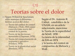 
       Teorías sobre el dolor
 Según Willard & Spackman;
  ellos manejan 4 diferentes          Según el Dr. Antonio R.
  teorias acerca del dolor:           Cabral, catedrático de la
   Teoria del umbral de control      UNAM, en un artíclo
    (Melzack y Wall, 1965) mejor
    conocida como teoria del          relacionado, menciona:
    control de la puerta.             la Teoría de la especifidad
   Teoria de las decisiones          de Schiff, 1858
    sensoriales (Chapman, 1978)       La teoria de la intensidad
   Teoria del comportamiento de
    respuesta y operativo
                                      de Erb en 1874
    (Fordyce, 1976)                   y la teoria del control de
   Teoria de la plasticidad social   compuertas de Melzack y
    (Bandura, 1977)                   Wall.
 