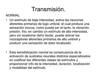 Transmisión.
NORMAL
• Un estímulo de baja intensidad, activa las neuronas
  aferentes primarias de bajo umbral, el cual produce una
  sensación inocua, como puede ser el tacto, la vibración,
  presión, frio; en cambio un estímulo de alta intensidad,
  pero sin ocasionar daño tisular, puede activar los
  nociceptores aferentes primarios de alto umbral y
  producir una sensación de dolor localizado.

• Esta sensibilización normal es consecuencia de la
  activación de sustratos neurales distintos especializados
  en codificar las diferentes clases de estímulos y
  proporcionar info de la intensidad, duración, localización
  y modalidad del estímulo.
 