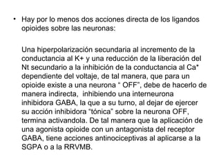 • Hay por lo menos dos acciones directa de los ligandos
  opioides sobre las neuronas:

  Una hiperpolarización secundaria al incremento de la
  conductancia al K+ y una reducción de la liberación del
  Nt secundario a la inhibición de la conductancia al Ca*
  dependiente del voltaje, de tal manera, que para un
  opioide existe a una neurona “ OFF”, debe de hacerlo de
  manera indirecta, inhibiendo una interneurona
  inhibidora GABA, la que a su turno, al dejar de ejercer
  su acción inhibidora “tónica” sobre la neurona OFF,
  termina activandola. De tal manera que la aplicación de
  una agonista opioide con un antagonista del receptor
  GABA, tiene acciones antinociceptivas al aplicarse a la
  SGPA o a la RRVMB.
 
