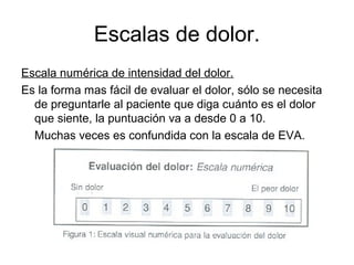 Escalas de dolor.
Escala numérica de intensidad del dolor.
Es la forma mas fácil de evaluar el dolor, sólo se necesita
  de preguntarle al paciente que diga cuánto es el dolor
  que siente, la puntuación va a desde 0 a 10.
  Muchas veces es confundida con la escala de EVA.
 