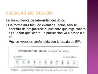 Escala numérica de intensidad del dolor.
Es la forma mas fácil de evaluar el dolor, sólo se
necesita de preguntarle al paciente que diga cuánto
es el dolor que siente, la puntuación va a desde 0 a
10.
Muchas veces es confundida con la escala de EVA.
 