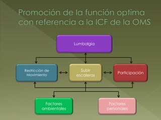 Restricción de
Movimiento
Subir
escaleras
Participación
Factores
ambientales
Factores
personales
Lumbalgia
 