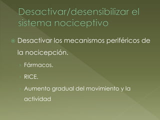  Desactivar los mecanismos periféricos de
la nocicepción.
› Fármacos.
› RICE.
› Aumento gradual del movimiento y la
actividad
 