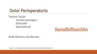 Dolor Perioperatorio
Trauma Tisular
Incisión quirúrgica
Disección
Quemaduras
Daño Directo a los Nervios
Mariano, E. (2016). Management of acute perioperative pain. Up to Date: Topic 398 Version 35.0
 