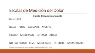 Escalas de Medición del Dolor
Escala Descriptiva Simple
Keele 1948
NADA – POCO – BASTANTE – MUCHO
LIGERO – MODERADO – INTENSO – ATROZ
NO HAY DOLOR – LEVE – MODERADO – INTENSO – INSOPORTABLE
Serrano, M. (2002). Valoración del dolor (I). Revista de la Sociedad Española de Dolor: 9: 94-108,
 