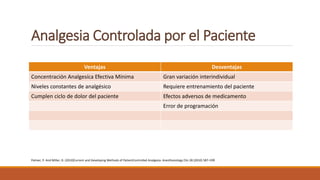 Analgesia Controlada por el Paciente
Ventajas Desventajas
Concentración Analgesíca Efectiva Mínima Gran variación interindividual
Niveles constantes de analgésico Requiere entrenamiento del paciente
Cumplen ciclo de dolor del paciente Efectos adversos de medicamento
Error de programación
Palmer, P. And Miller, D. (2010)Current and Developing Methods of PatientControlled Analgesia. Anesthesiology Clin 28 (2010) 587–599
 