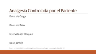 Analgesia Controlada por el Paciente
Dosis de Carga
Dosis de Bolo
Intervalo de Bloqueo
Dosis Límite
Palmer, P. And Miller, D. (2010)Current and Developing Methods of PatientControlled Analgesia. Anesthesiology Clin 28 (2010) 587–599
 