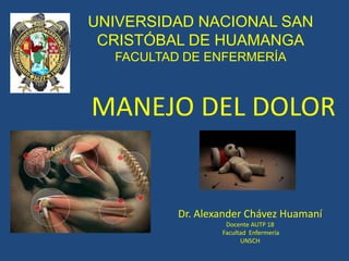 MANEJO DEL DOLOR
Dr. Alexander Chávez Huamaní
Docente AUTP 18
Facultad Enfermería
UNSCH
UNIVERSIDAD NACIONAL SAN
CRISTÓBAL DE HUAMANGA
FACULTAD DE ENFERMERÍA
 