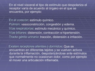 En el nivel visceral el tipo de estímulo que despolariza el receptor varía de acuerdo al órgano en el que se encuentra, por ejemplo:  En el corazón :  estímulo químico.  Pulmón :  vasoconstricción, congestión y edema.  Vías respiratorias :  estímulo mecánico y químico.  Vías biliares :  distensión, contracción e hipertensión.  Tracto génito urinario :  tracción, distensión e irritación. Existen receptores silentes o dormidos :  Que se encuentran en diferentes tejidos y se vuelven activos durante la inflamación, despolarizándose ante estímulos que normalmente no ocasionan dolor, como por ejemplo el mover una articulación inflamada. 