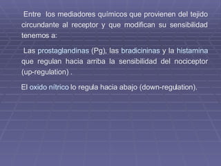 Entre  los mediadores químicos que provienen del tejido circundante al receptor y que modifican su sensibilidad tenemos a:  Las  prostaglandinas  (Pg), las  bradicininas  y la  histamina  que regulan hacia arriba la sensibilidad del nociceptor (up-regulation) . El  oxido nítrico  lo regula hacia abajo (down-regulation). 