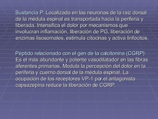 Sustancia P:   Localizado en las neuronas de la raíz dorsal de la médula espinal es transportada hacia la periferia y liberada. Intensifica el dolor por mecanismos que involucran inflamación, liberación de PG, liberación de enzimas lisosomales, estimula citocinas y activa linfocitos. Péptido relacionado con el gen de la calcitonina (CGRP):   Es el más abundante y potente vasodilatador en las fibras aferentes primarias. Modula la percepción del dolor en la periferia y cuerno dorsal de la médula espinal. La ocupación de los receptores VP-1 por el antagonista capsazepina reduce la liberación de CGRP. 