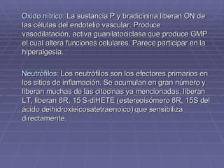 Oxido nítrico:   La sustancia P y bradicinina liberan ON de las células del endotelio vascular. Produce vasodilatación, activa guanilatociclasa que produce GMP el cual altera funciones celulares. Parece participar en la hiperalgesia. Neutrófilos:   Los neutrófilos son los efectores primarios en los sitios de inflamación. Se acumulan en gran número y liberan muchas de las citocinas ya mencionadas, liberan LT, liberan 8R, 15 S-diHETE (estereoisómero 8R, 15S del ácido deihidroxieicosatetraenoico) que sensibiliza directamente. 